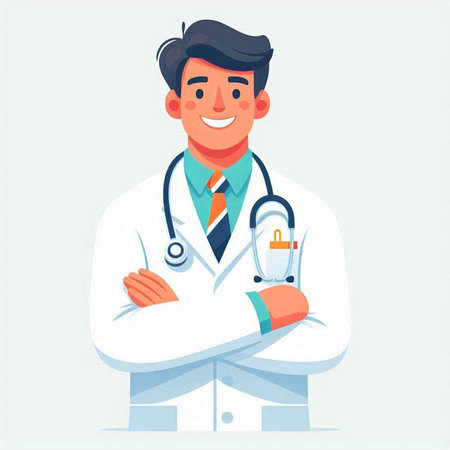 Male doctor in white coat with stethoscope. Vector illustration in cartoon styleのイラスト素材