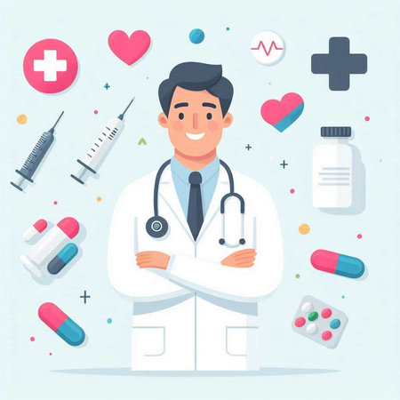 Doctor with stethoscope, pills and syringe. Vector illustrationのイラスト素材