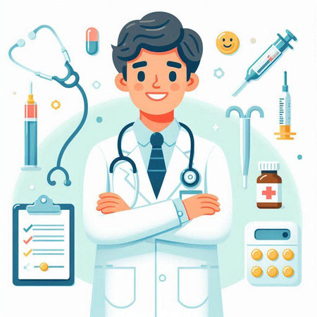 Cartoon doctor with stethoscope and medical equipment. Vector illustrationのイラスト素材
