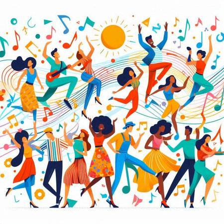 Jazz music festival. Group of young people dancing and enjoying music. Vector illustrationのイラスト素材