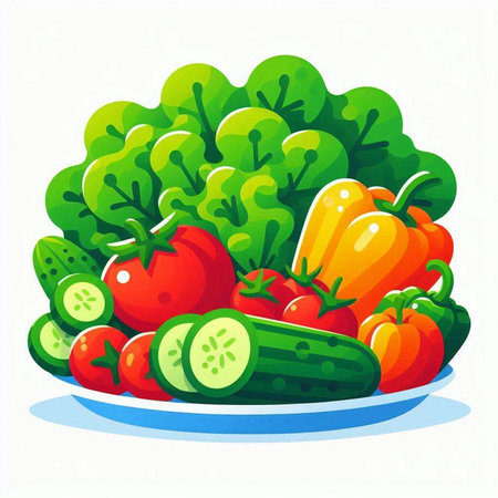 Fresh vegetables on a plate. Vector illustration in flat cartoon style.のイラスト素材