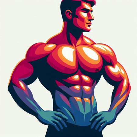 Vector illustration of a muscular male bodybuilder with hands on hips.のイラスト素材