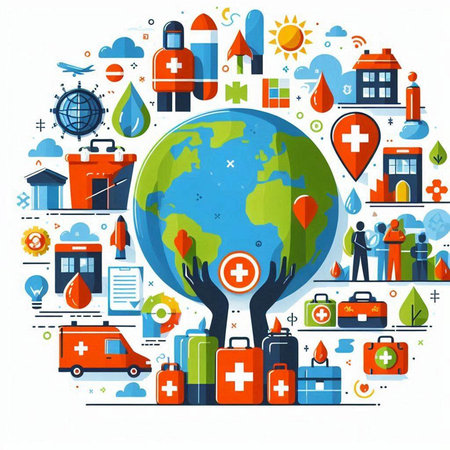 Vector illustration of Earth with medical icons around. Concept of global health care.のイラスト素材