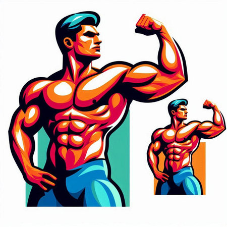 Bodybuilder flexing his muscles. Vector illustration isolated on white background.のイラスト素材