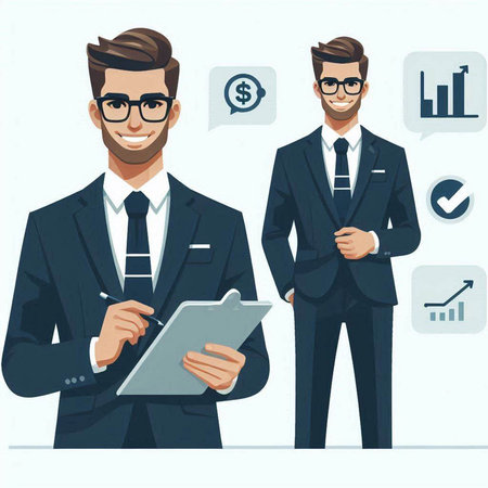 Businessman in suit and glasses with clipboard. Vector illustration in flat styleのイラスト素材