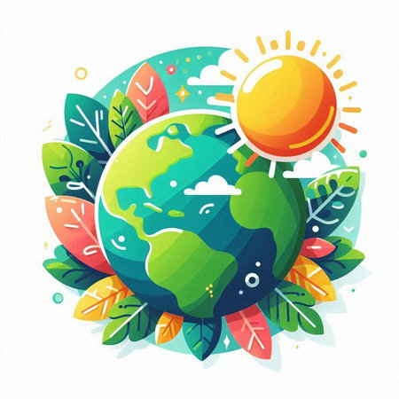 Ecology concept with globe, sun and leaves. Vector illustration.のイラスト素材