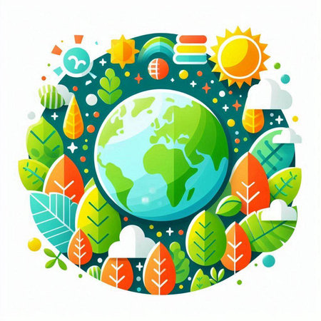 Ecology concept with green leaves and earth globe. Vector illustration.のイラスト素材