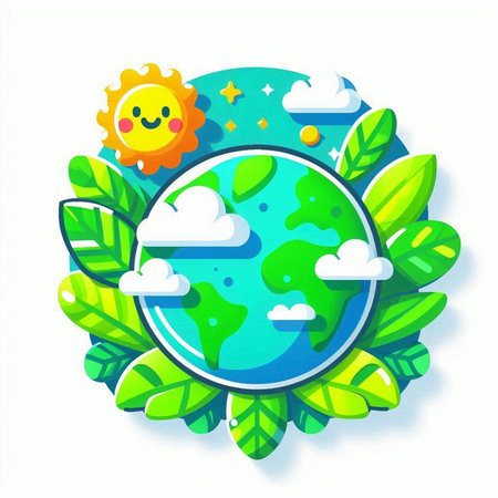 Planet earth with leaves, sun, clouds and sun. Vector illustration.のイラスト素材