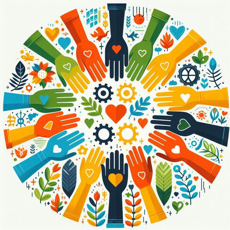 Circle of hands with heart and love symbols. Vector illustration.のイラスト素材