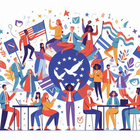 People holding USA flag. United States of America celebration. Vector illustrationのイラスト素材