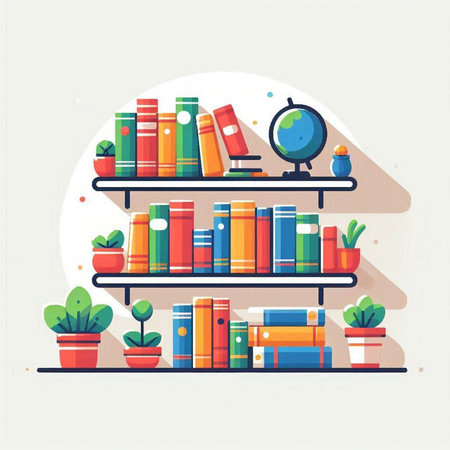 Bookshelf with books and plants. Vector illustration in flat styleのイラスト素材