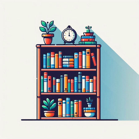 Bookshelf with books and plants. Flat style vector illustration.のイラスト素材