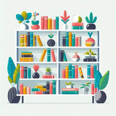 Bookshelf with books and plants. Vector illustration in flat styleのイラスト素材