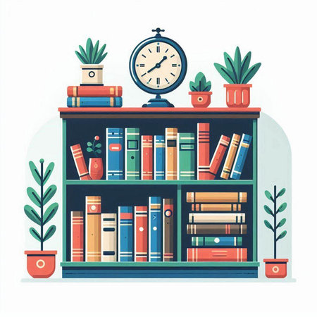 Bookshelf with books, clock and plants. Vector illustration.のイラスト素材
