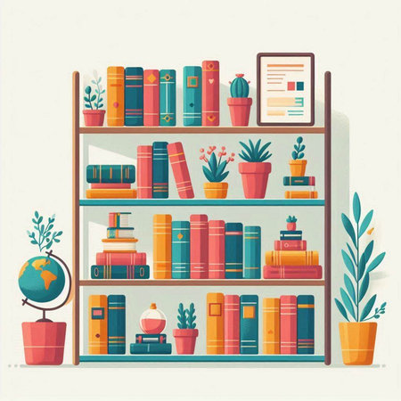 Bookshelf with books and plants. Vector illustration in flat styleのイラスト素材