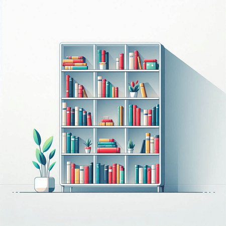 Illustration of bookshelves with books and plants on a white backgroundのイラスト素材