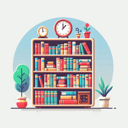 Bookshelf with books and clock. Flat style vector illustration.のイラスト素材