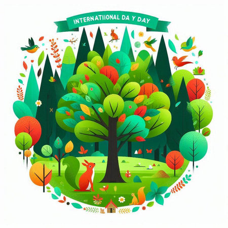 Vector illustration of Happy Thanksgiving Day greeting card with colorful autumn trees, birds and animalsのイラスト素材