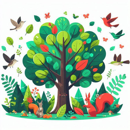 Vector illustration of a tree with a squirrel, birds and butterflies.のイラスト素材