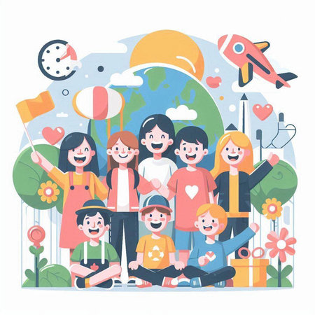 Happy family with children on earth day. Vector illustration in flat styleのイラスト素材