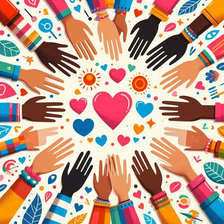 Hands of different ethnicities and colors around the red heart.のイラスト素材