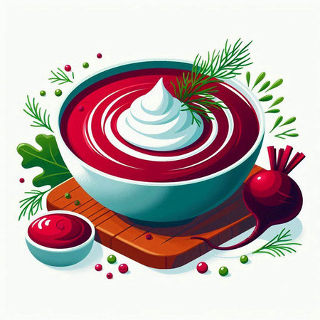 Beetroot soup with sour cream and dill. Vector illustrationのイラスト素材