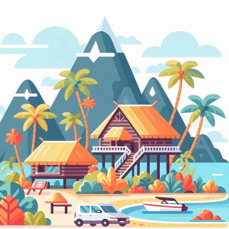 Bungalows and bungalows on tropical island. Vector illustrationのイラスト素材
