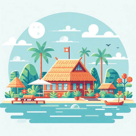 Bungalows and bungalows on the beach. Vector illustrationのイラスト素材