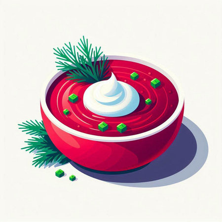Vector illustration of a bowl of borscht with sour cream.のイラスト素材