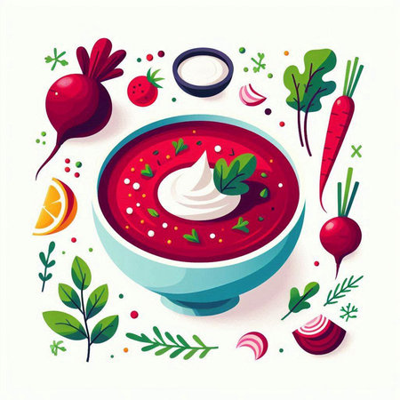 Vector illustration of a bowl of beetroot soup with sour cream, sour cream and fresh vegetables.のイラスト素材