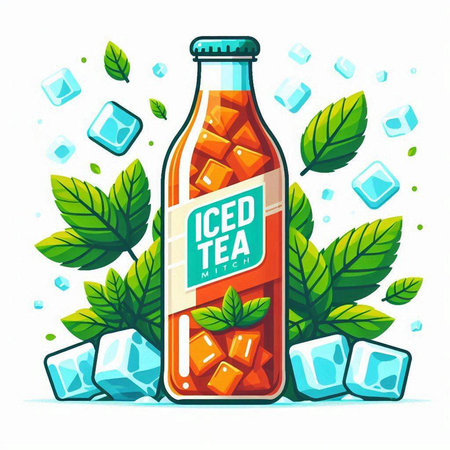 Bottle of cola with ice cubes and mint leaves. Vector illustration.のイラスト素材