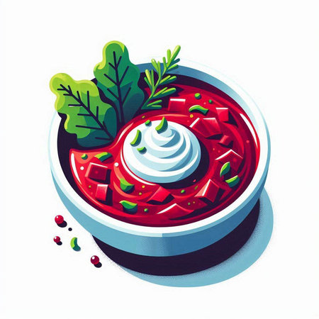 Vector illustration of a bowl of borscht with sour cream and greensのイラスト素材