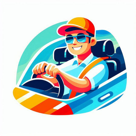 Man driving a car. Vector illustration in cartoon style on white background.のイラスト素材