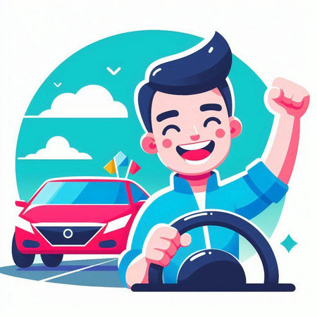 Young happy man driving a car. Vector illustration in cartoon style.のイラスト素材