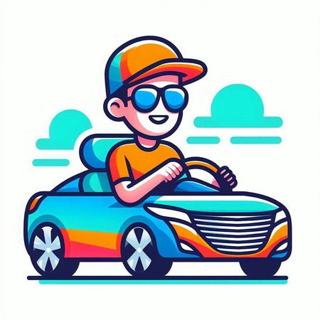 Cute little boy driving car. Vector illustration in cartoon style.のイラスト素材