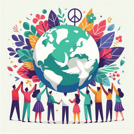 International Day of Peace. Group of diverse people holding Earth planet and celebrating peace.のイラスト素材