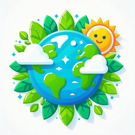 Illustration of Earth Day with green leaves and sun on white backgroundのイラスト素材