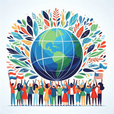 Group of people holding flags of different countries around the globe. Vector illustration.のイラスト素材