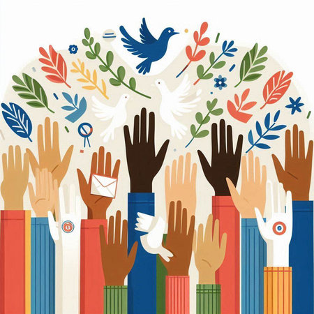 Hands of different ethnicities and religions. Vector illustration in flat style.のイラスト素材