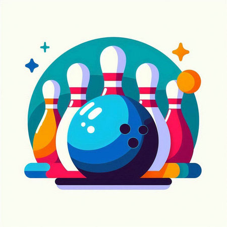 Bowling ball and skittles on colorful background. Vector illustration.のイラスト素材