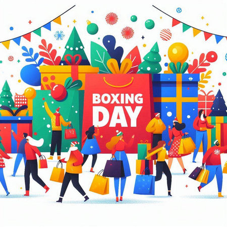 Boxing Day. People with shopping bags and gift boxes. Vector illustration.のイラスト素材