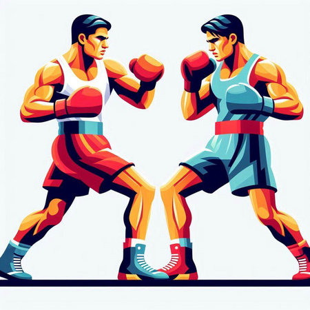 Boxing vector illustration. Two young men in sportswear boxing.のイラスト素材