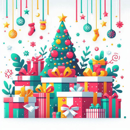 Merry Christmas and Happy New Year background with gift boxes. Vector illustration.のイラスト素材