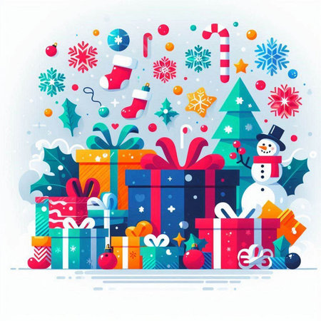 Vector illustration of Christmas background with snowman, presents and snowflakesのイラスト素材