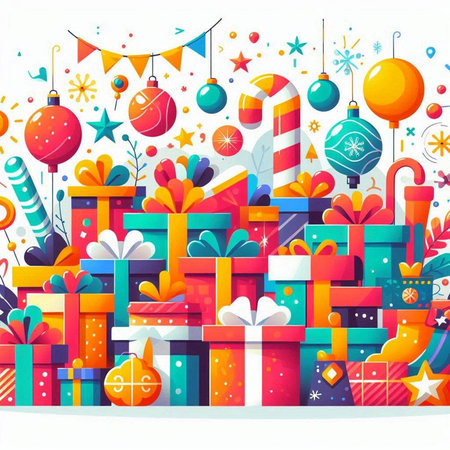 Christmas and New Year background with gift boxes, candy canes, christmas balls, garlands and stars. Vector illustration.のイラスト素材