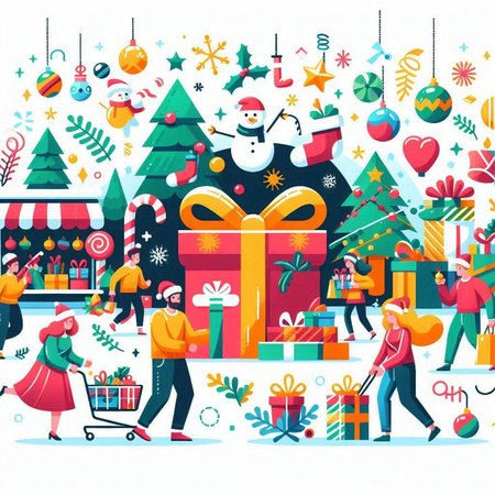 Merry Christmas and Happy New Year. People with Gifts and Presents in the City Street. Vector Illustrationのイラスト素材