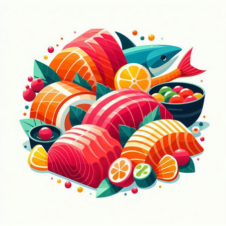 Vector illustration of Japanese food. Sashimi, salmon, tuna, caviar, red caviar.のイラスト素材
