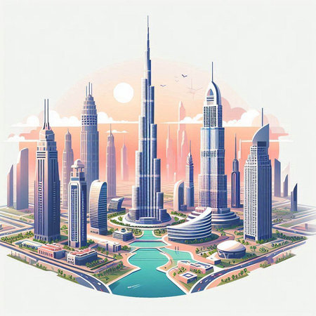 Dubai, United Arab Emirates city skyline with skyscrapers. Vector illustrationのイラスト素材