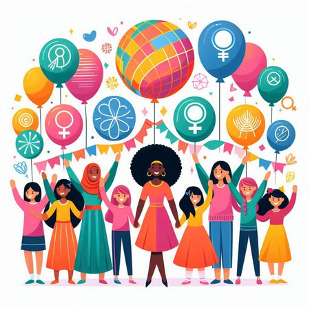 Happy International Womens Day. Group of diverse women and girls with balloons.のイラスト素材