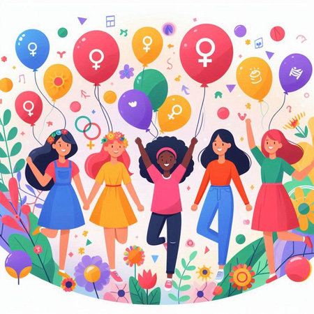 International Women's Day. Cute cartoon girls with balloons. Vector illustration.のイラスト素材